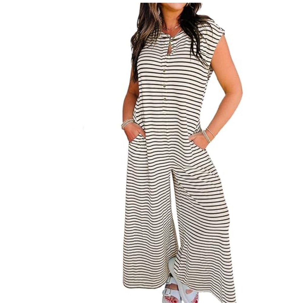 XL Striped Jumpsuit For Women, Wide Leg Round Neck Flowy..
